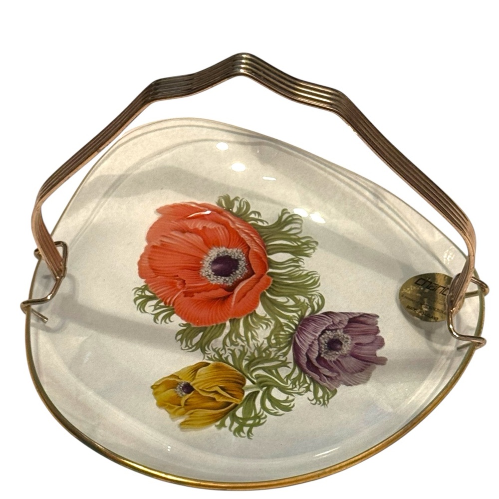 Vintage Floral Glass Tray England clear Chance glass Tray hand painted flowers